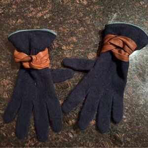 Anthropologie navy blue wool gloves with leather trim